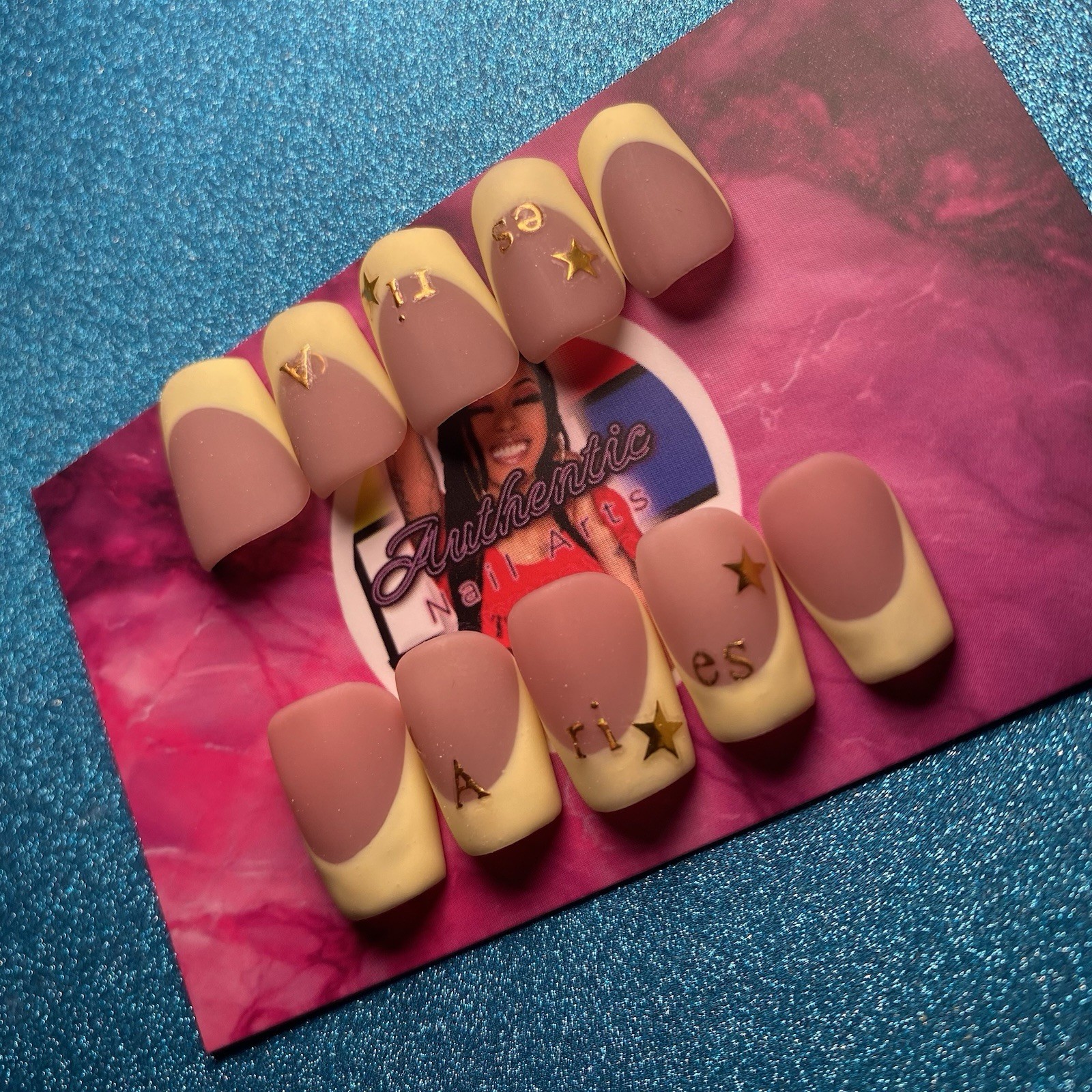 Authentic Nail Arts by Dia Square Press-On Nails Nude Yellow French 3D Zodiac