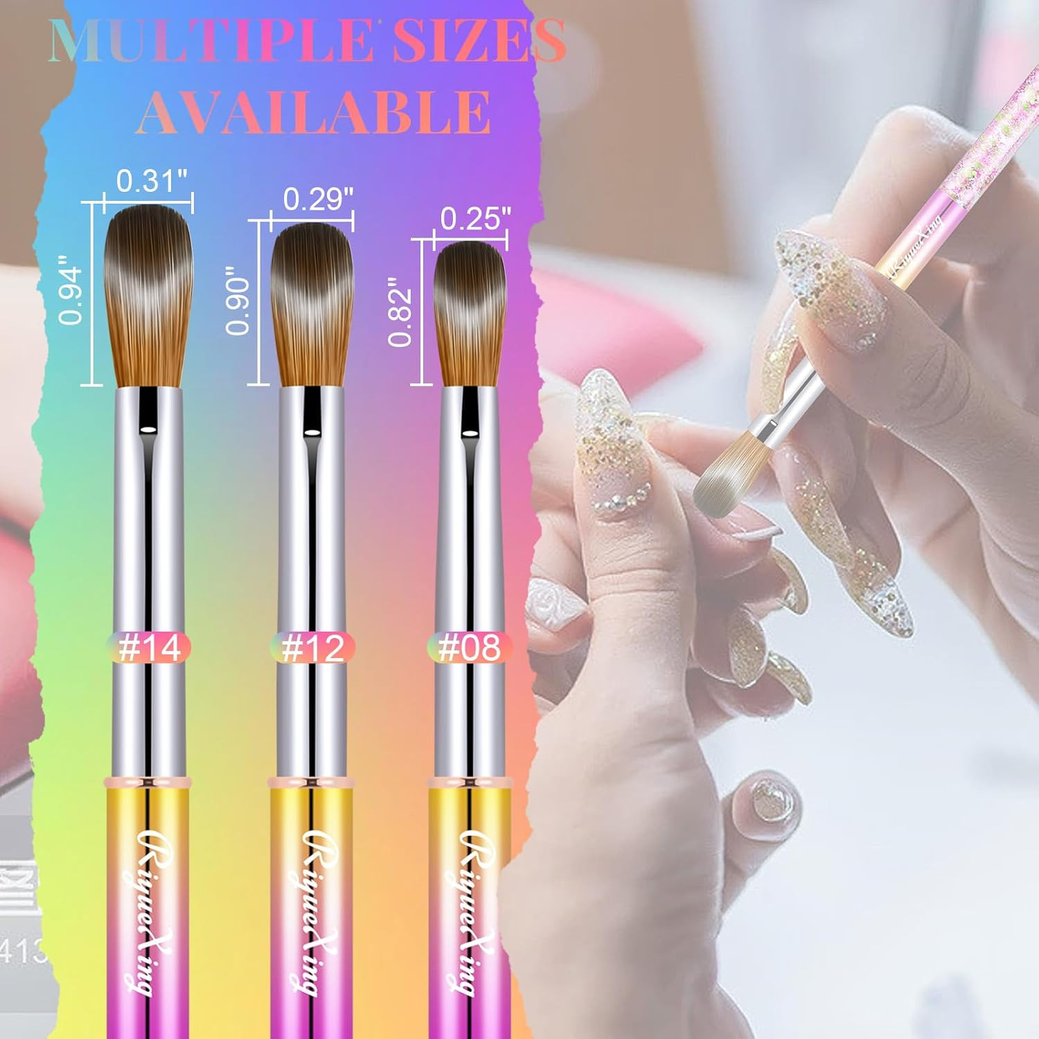 3PCS Acrylic Nail Brush Set, 8/12/14. Kolinsky Nail Art Brushes for Acrylic Appl