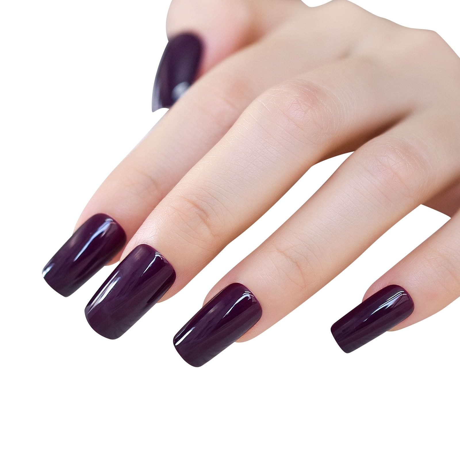 Glossy Finished Dark Grapes Purple Press On False Nails Medium Length Squoval…