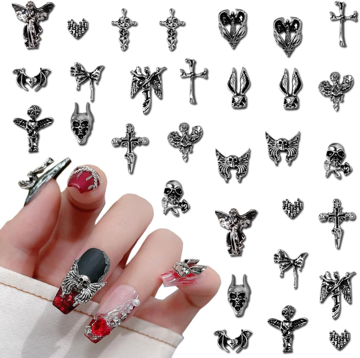 30 PCS 3D Nail Charms Halloween Nail Art Charms Antique Silver Love Shape Nail C