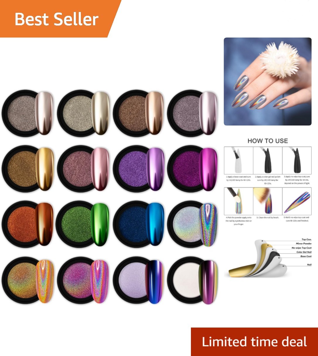 16 Jars Chrome Nail Powder Set: Holographic & Chameleon Pigments for Nail Art