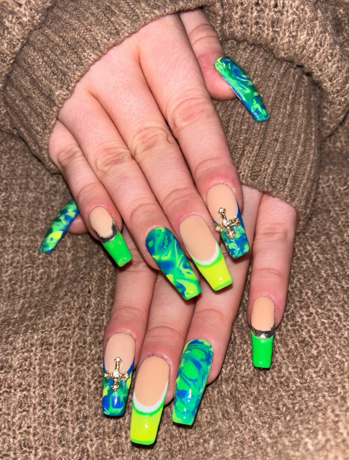 Handmade Press On Nails LONG Coffin Y2K Green Blue TIE DYE Silver Chrome CROSS