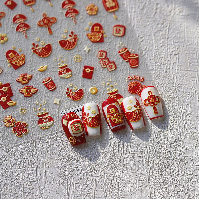 Red Chinese Knot Firecracker 3D Self Adhesive Nail Art Stickers New Year Lovely
