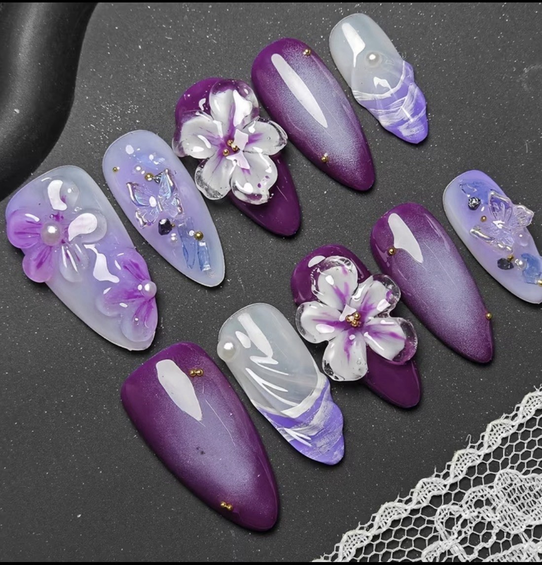 3D Shiny Floral Press-On Nails Set, Long Almond Full Cover Acrylic Purple White