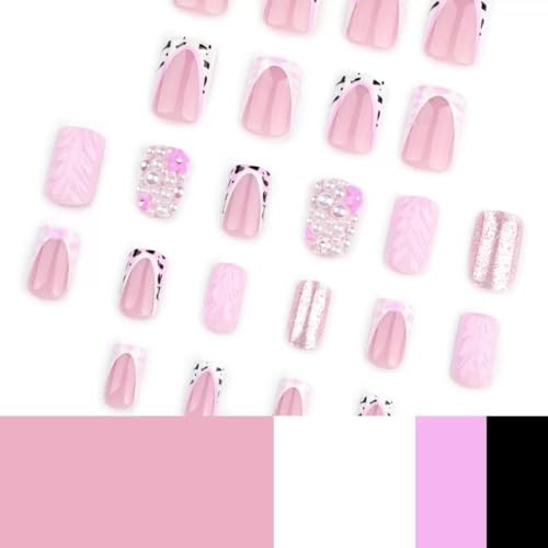 Pink Press on Nails Square Fake Nails 3D Short False Nails 3D Normal Style34
