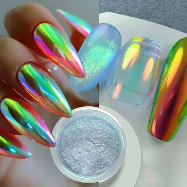 Aurora Chrome Nail Powder Colours Unicorn Rainbow Mirror Mermaid Shiny Nails