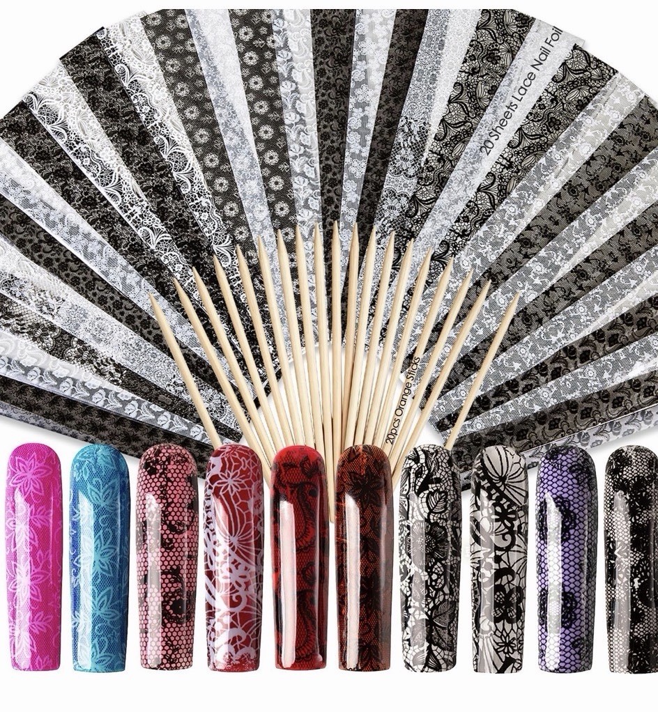 60 Sheets Black Lace Nail Foil Art Design With 60 Reusable Sticks