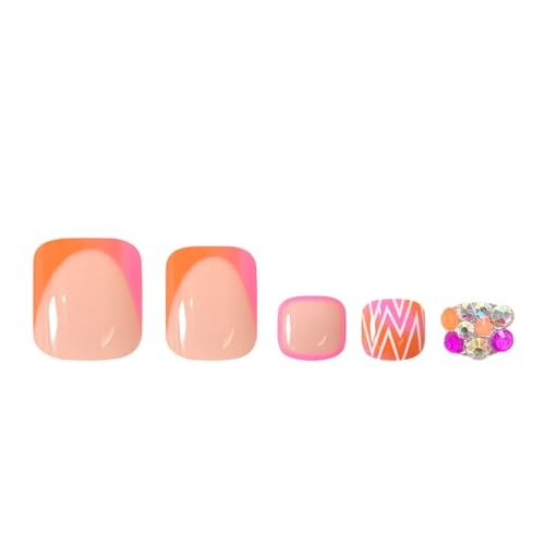 Pink French Tip Press on Toenails Square Short Orange Fake Toe Nails Summer