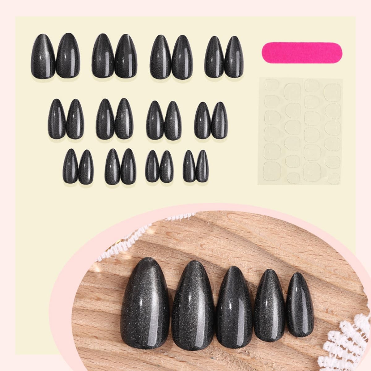 Black Press on Nails, Medium Almond Fake Goth Dark Medium, Style-4