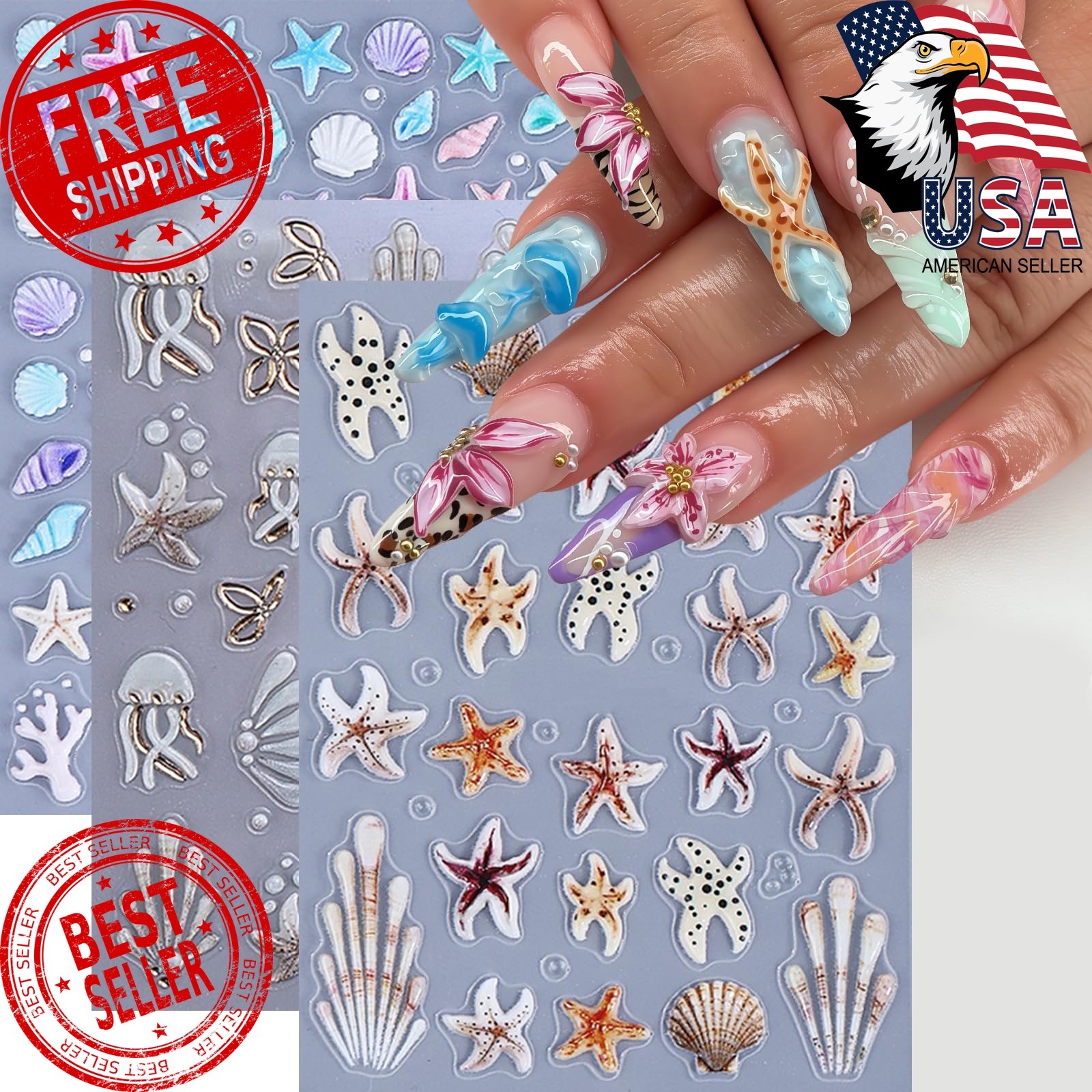 SHUXILIN 5D Ocean Life Nail Stickers Starfish Decals