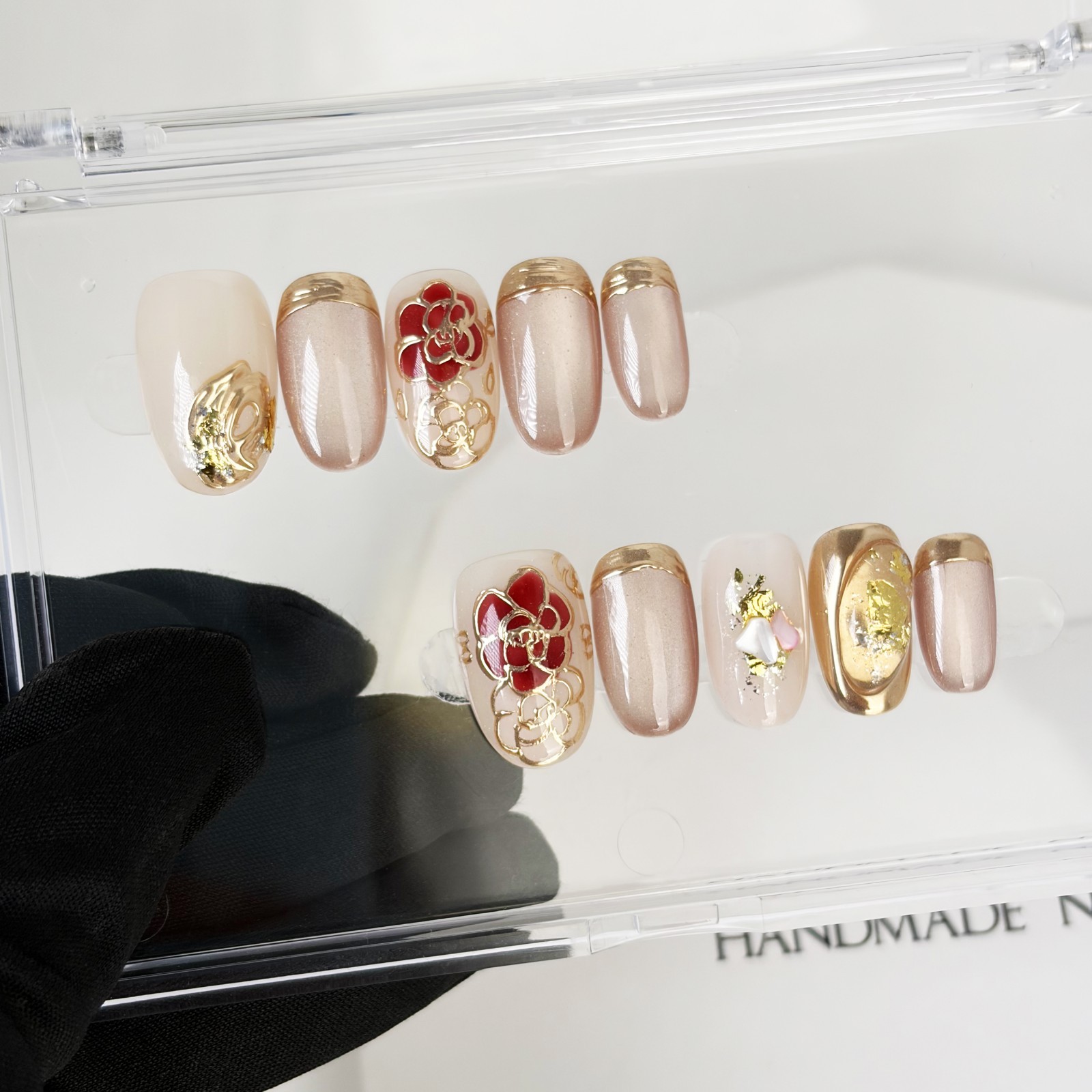 Nude Pink Floral Press On Nails Oval Gold Foil Handmade Elegant Set Gift For Her