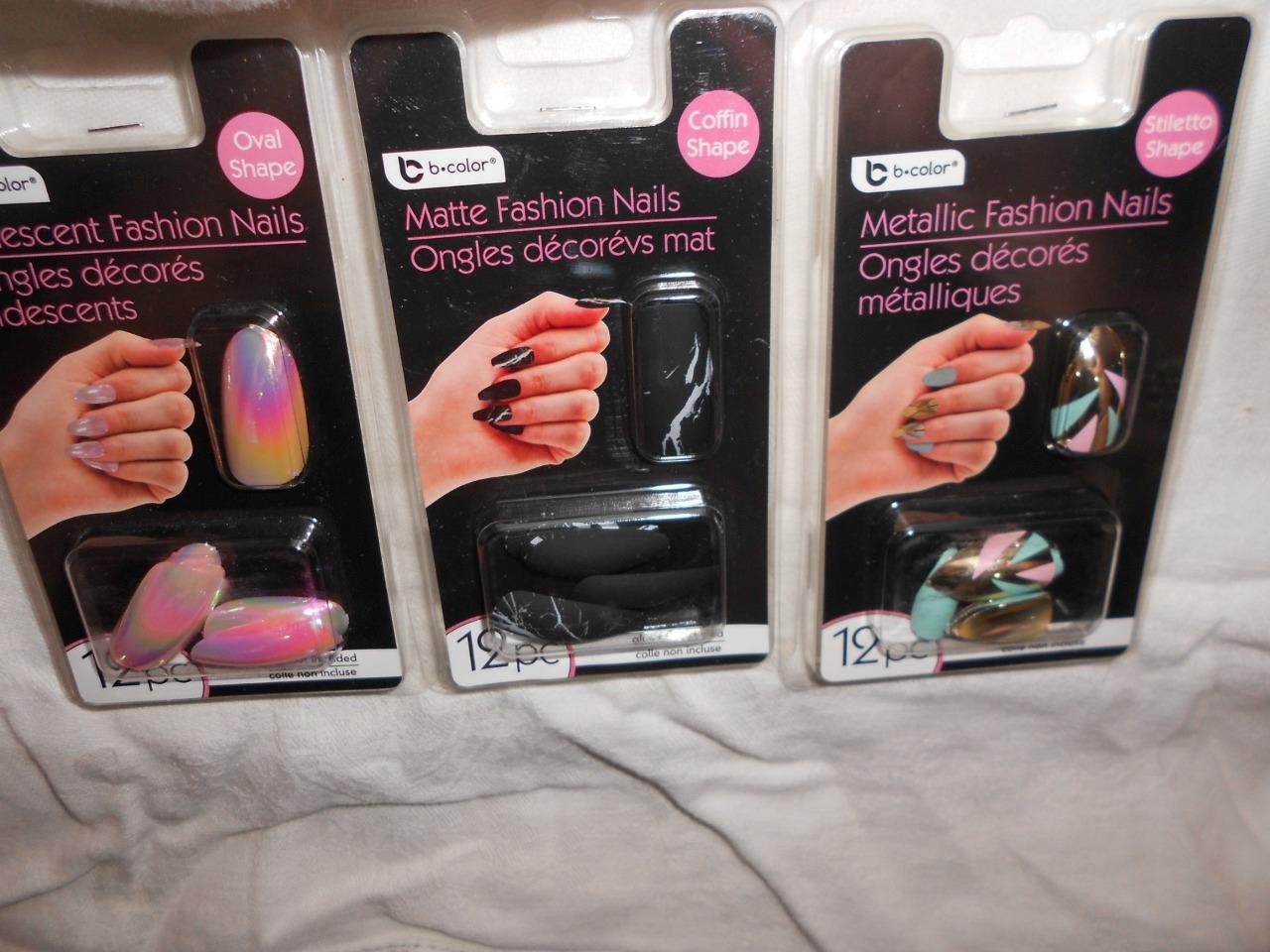 Lot 3 12pk B-Color Matte Black, Iridescent & Gold Pink &Teal Fashion Nail NEW