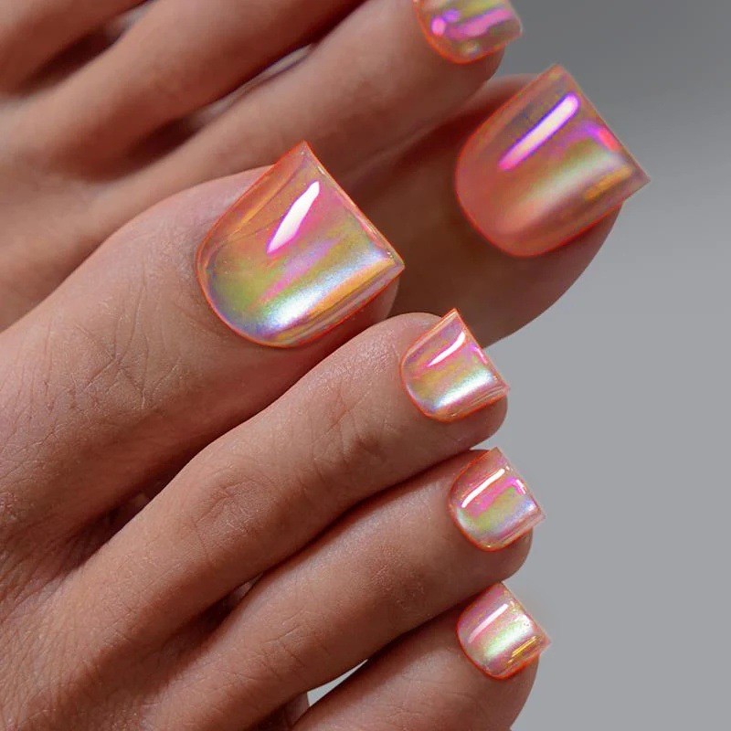 48Pcs-Short Square Peach Iridescent Aurora Chrome Toe Press on Nails