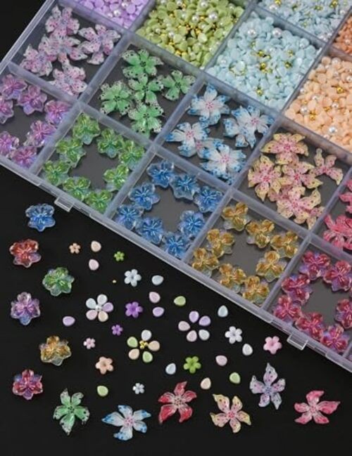 3000 Pcs 3D Flower Nail Charms and Gems 24 Grid Charms Set 1 – 4 styles Flowers