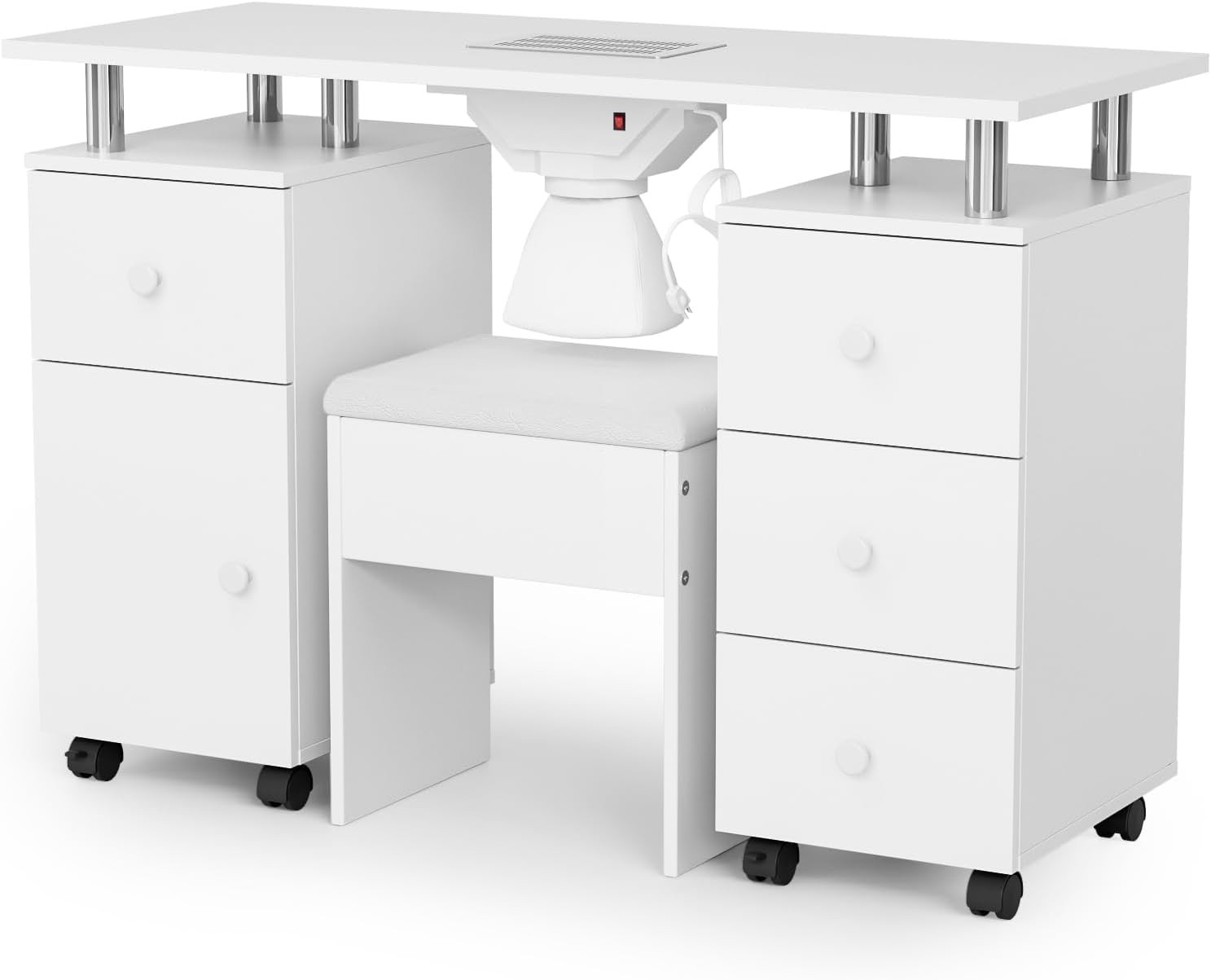 Salon Nail Desk Set with Stool, Drawers, Dust Collector, Smooth Rolling Wheels