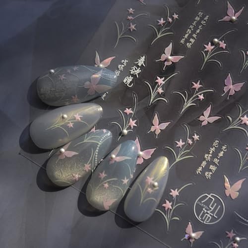 Pink Butterfly Nail Decals Stickers with 3D Pearl Design Spring Nail stickers10