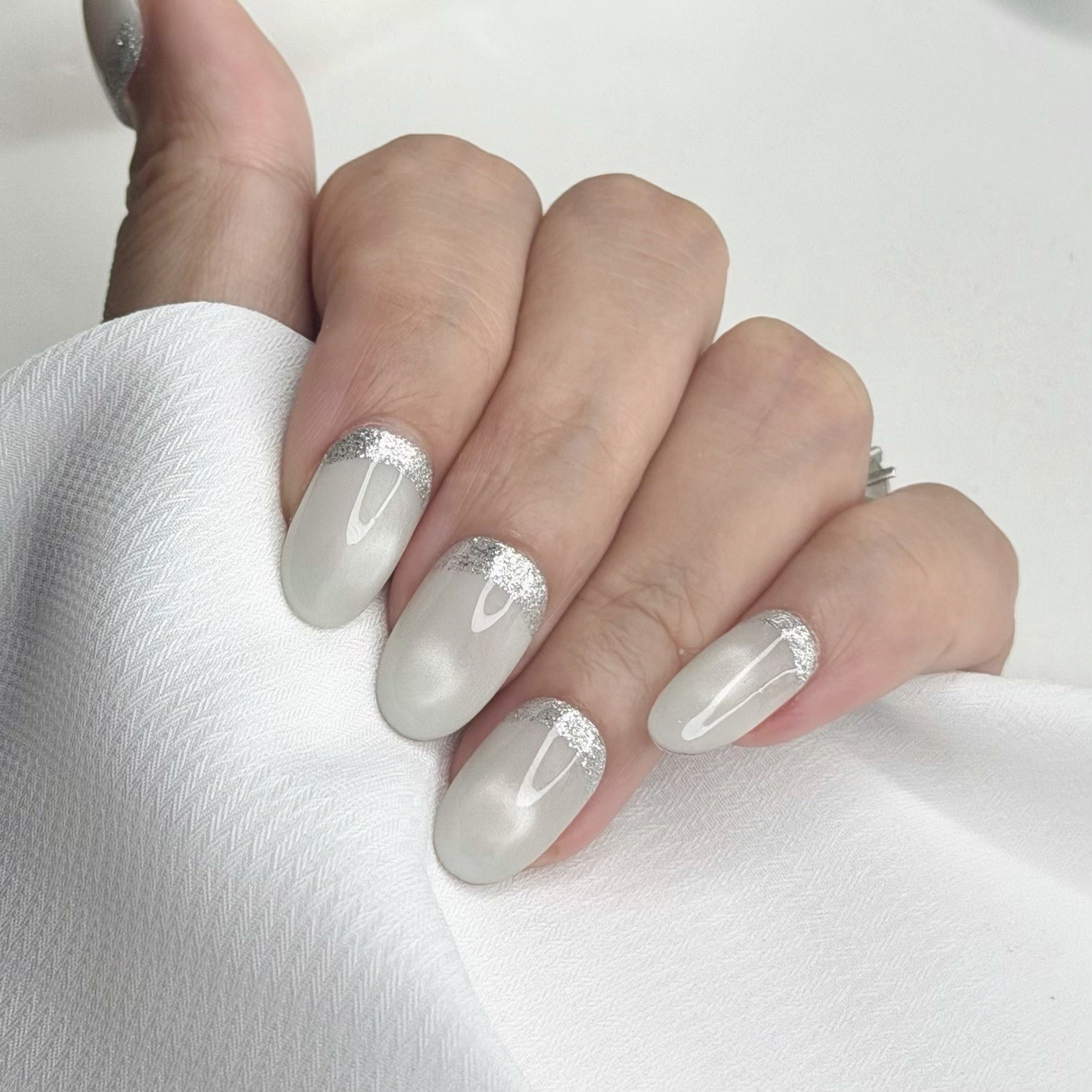 Handmade Reverse French Tip Press-On Nails Silver Glitter Edge Reusable Size M