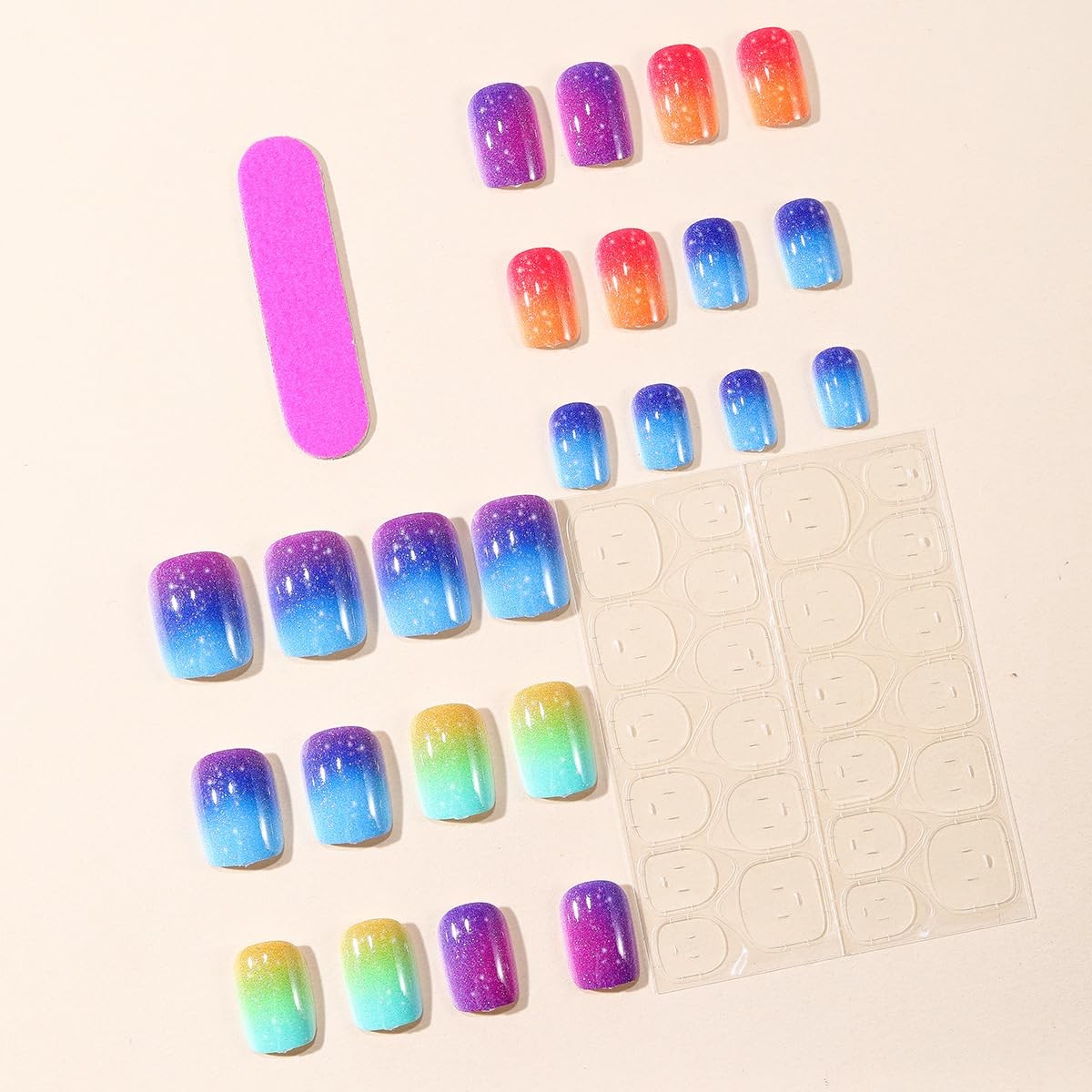 Colorful Glitter Press on Nails Extra Short Square Fake Colorful Ombre Glitter