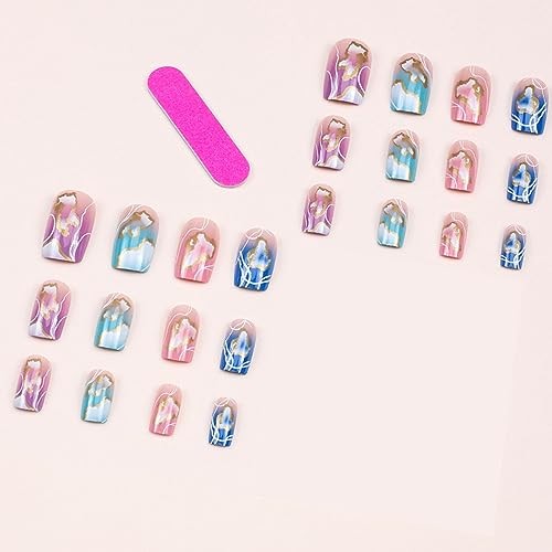 Colorful Press on Nails Square Medium Length 24Pcs Full Colorful With Gold Foil