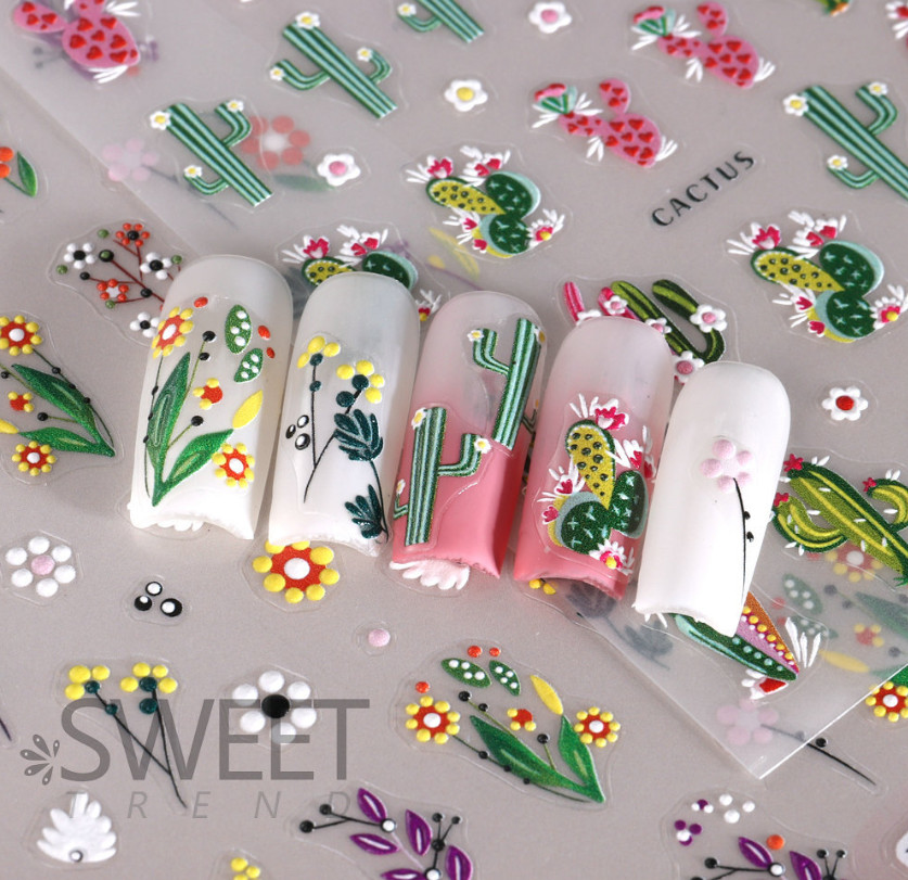 5D Embossed Nail Art Stickers Transfers Self Adhesive Mexico Cactus Daisy NS52