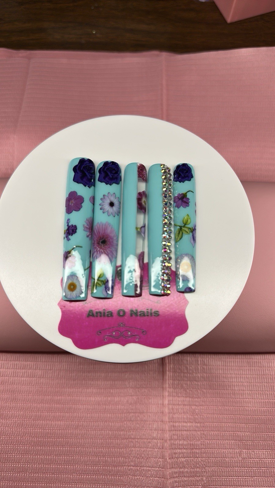 XXXX Long Square Press On Nails With Flower Design And Bling