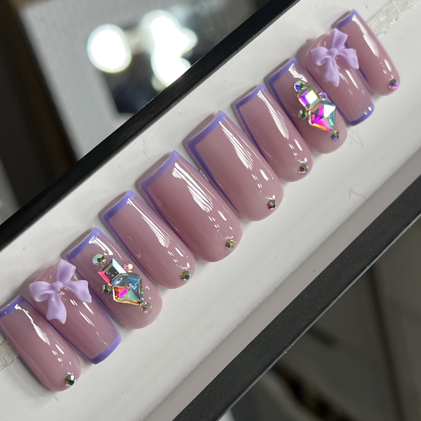 💜💎 CUSTOM Press On Nails FRENCH PURPLE BOW BLING Rhinestones 10p SET W Kit