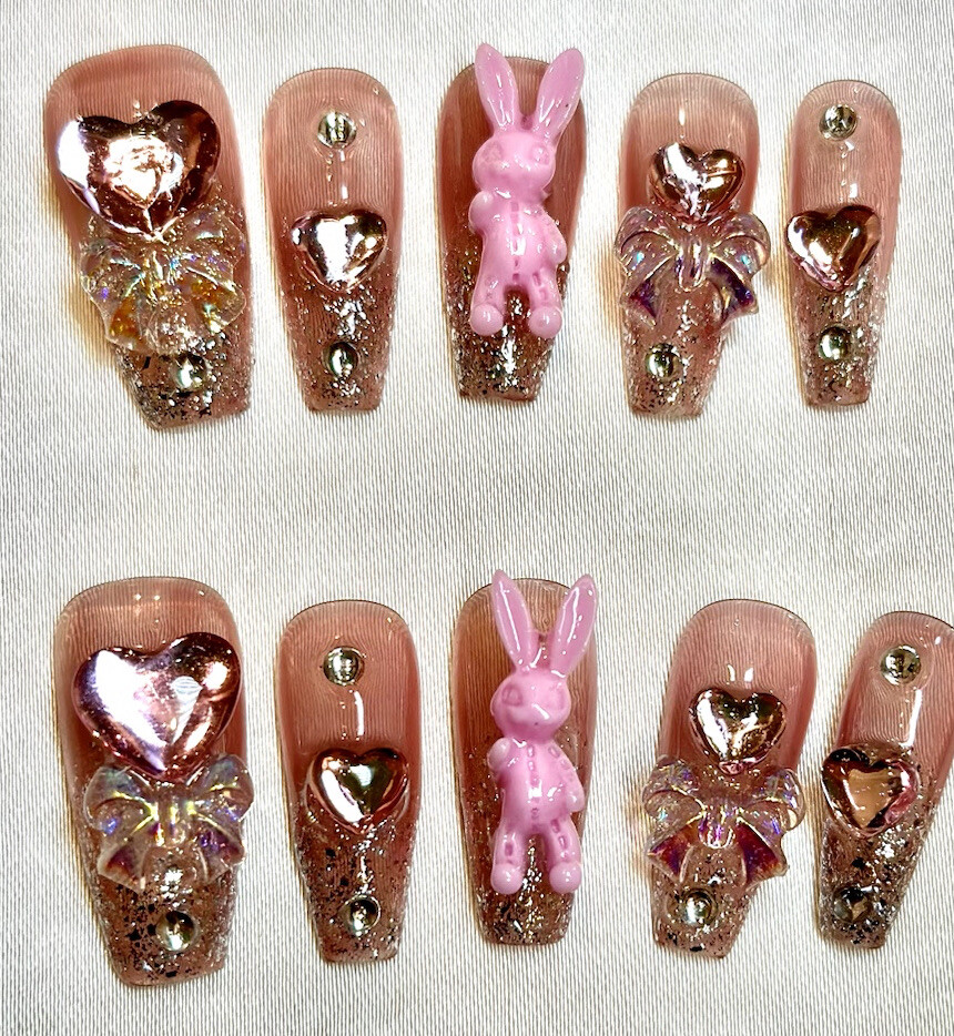 “Lucky Pink Rabbit” Beautiful Press On Nails – Handmade – Medium RRP $35