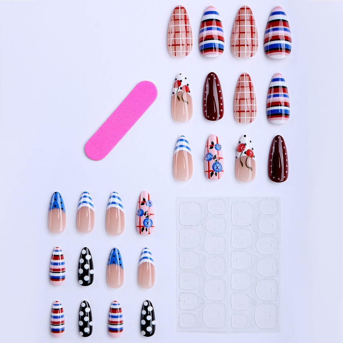 24Pcs Summer Press on Nails Medium Almond Fake Nails with 3D Cherry Blueberry…
