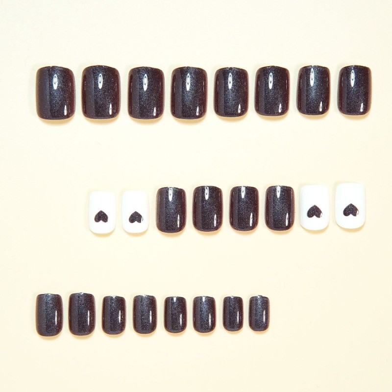 48PCS Short Square Brown Heart-shaped Reusable Brown Beige Fake Nail Art