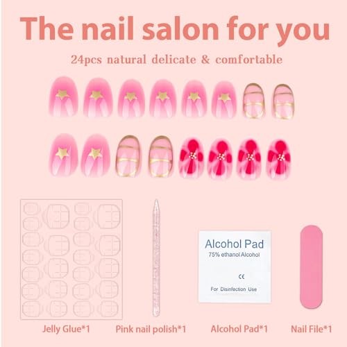 Pink Flower Press on Nails Short Oval Fake Nails Spring Summer Glue on Floral