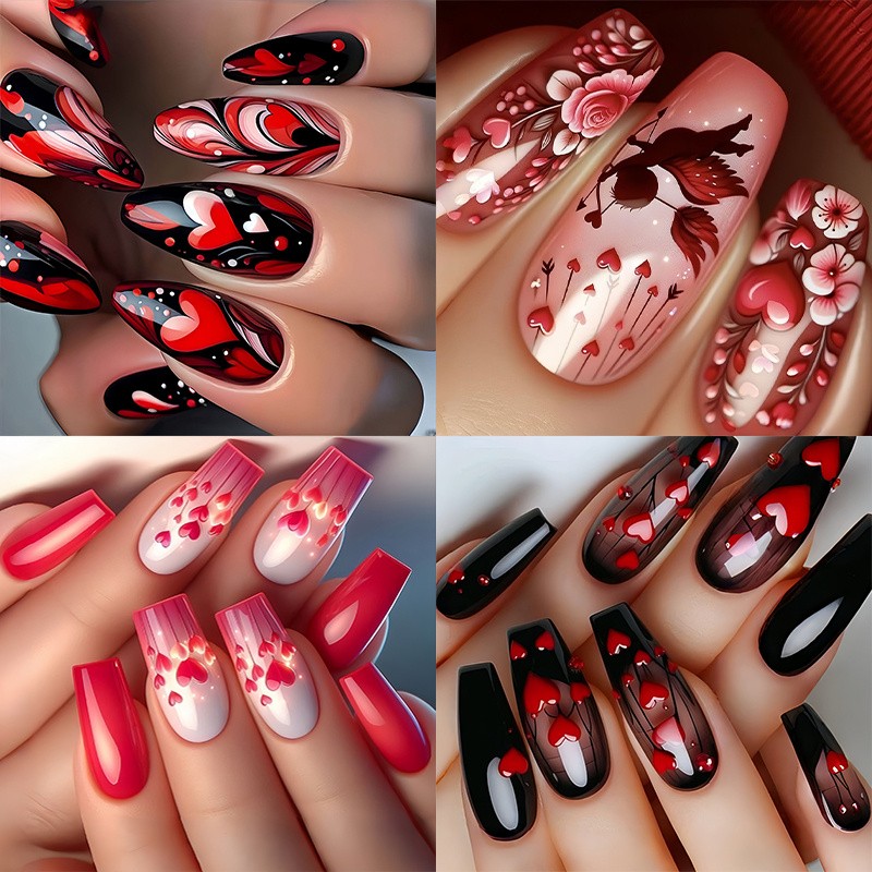 96Pcs Valentine’s Day Medium Ballet Press On Nails Cute Heart Cartoon Sweet