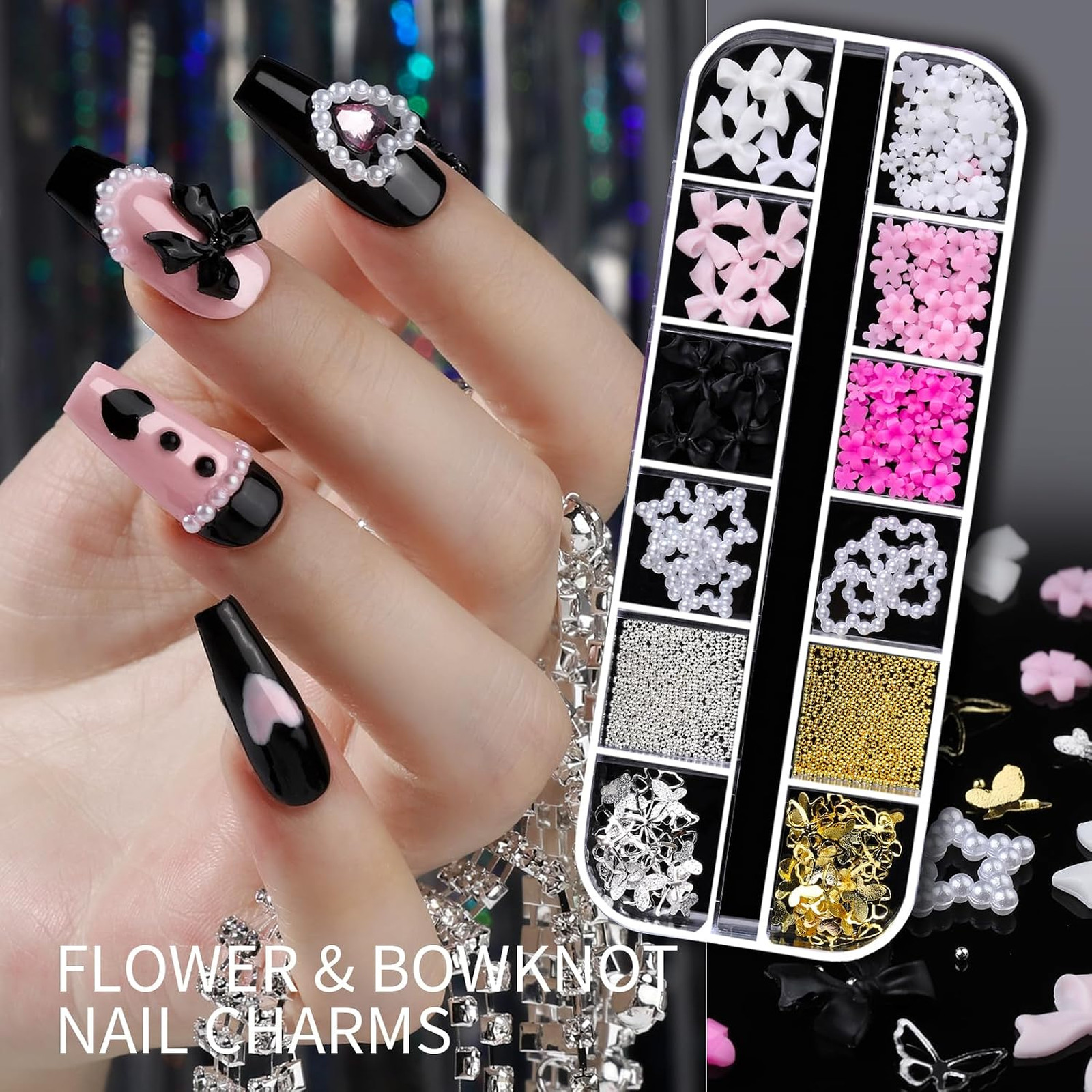 Nail Charms and Gems, 3D Nail Gems, Flower Nail Stickers, Rhinestones, Pearls