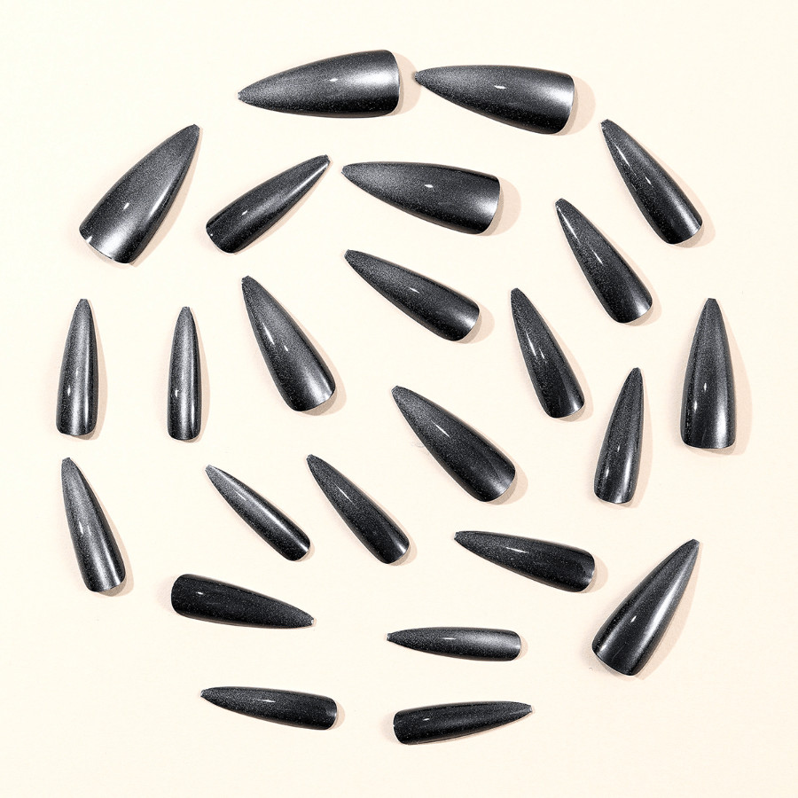 48pcs Stiletto Press on Nails, Black Silver Cat Eye Glossy Gothic Nail Art