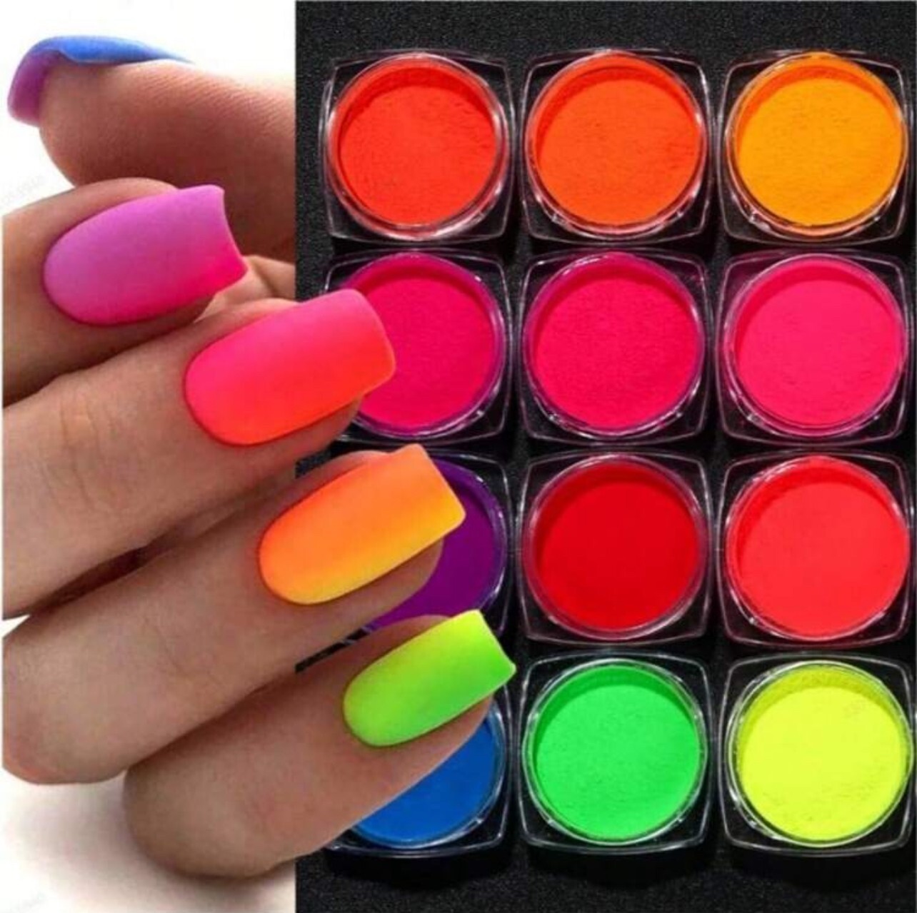 12pcs Neon Pigment Nail Powder Summer Colors Pink Green Orange Yellow Red Blue