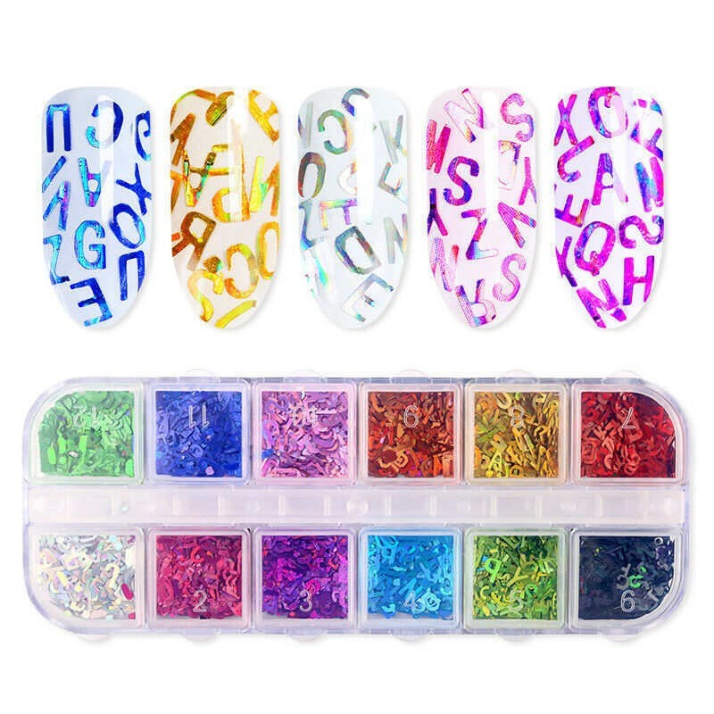 12 Colors Holographics Letter Nail Art Sequins Colorful UV Gel Decoration