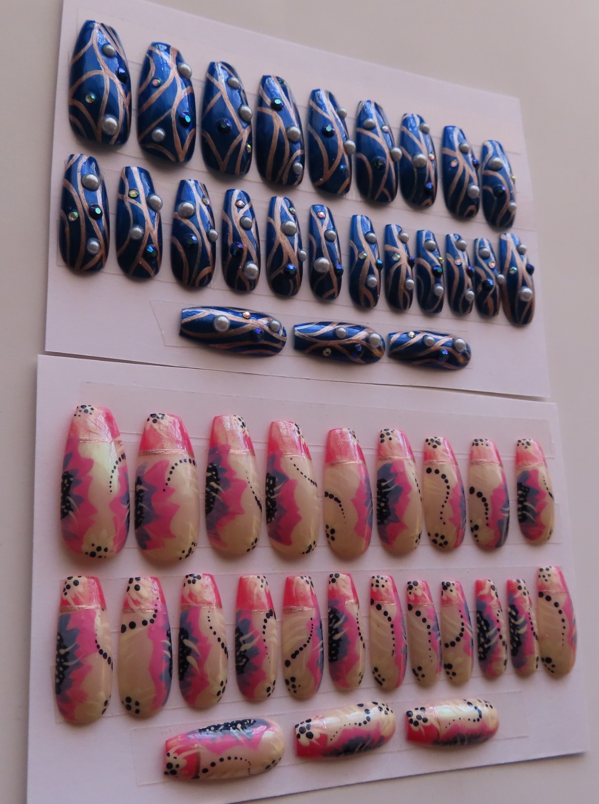 (2) Set Pink Blue Black Abstract Flower | Blue Pearl Ballerina Press-On Nails