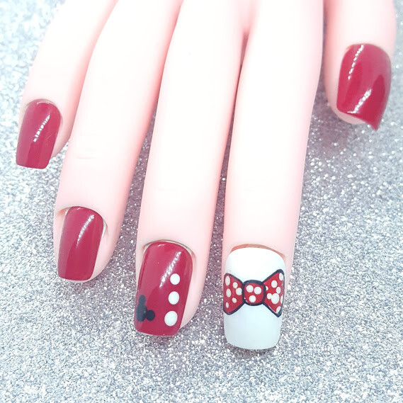 Minnie Mouse Red White Black Short Square Set Press On Nails Handmade Hard Gel