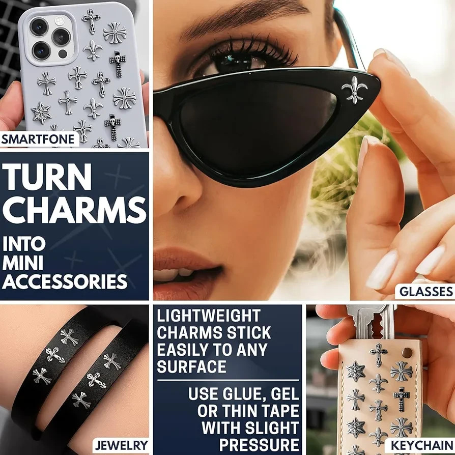 120 Silver Nail Charms, 3D Acrylic Cross Gothic Acrylic Nail Art Decorations
