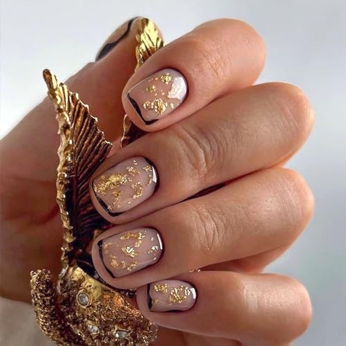 French Tip Press on Nails Short Black Border Fake Nails Black Border Gold Leaf