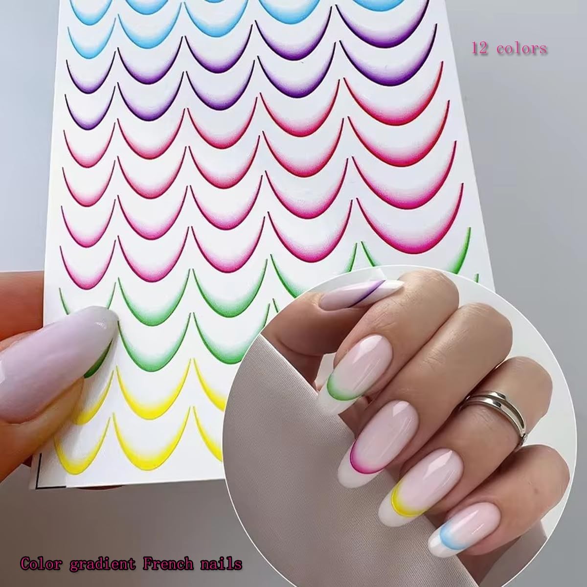 12Sheets Gradient French Line Nail Stickers, Colorful Stripes Line Transfer D…