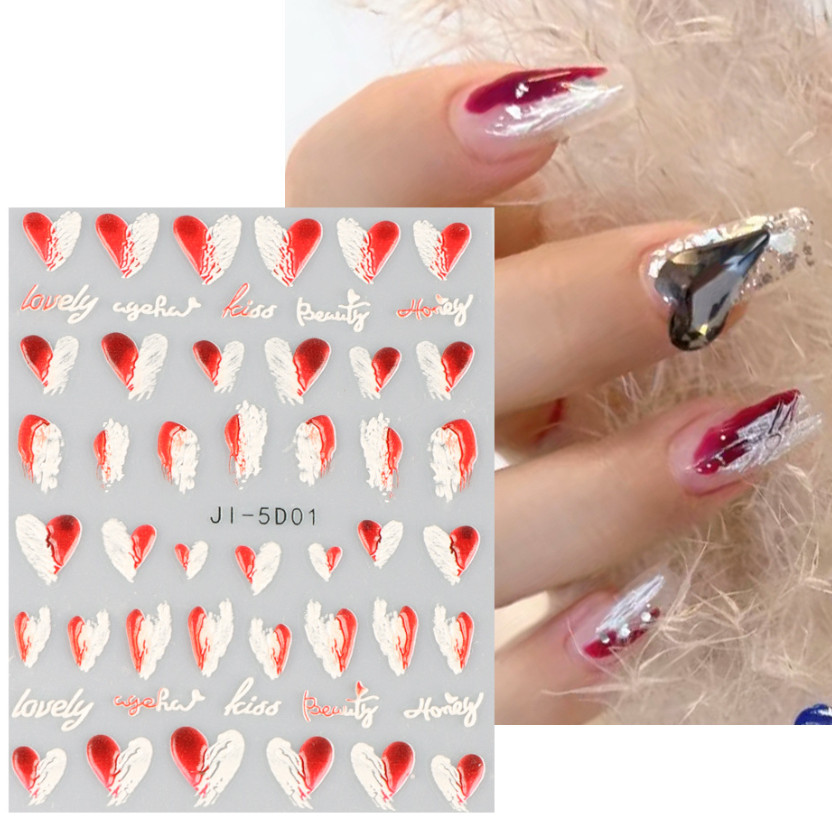 2Pcs 5D Embossed Nail Art Stickers Red Blue White Heart Decals Self-Adhesive DIY