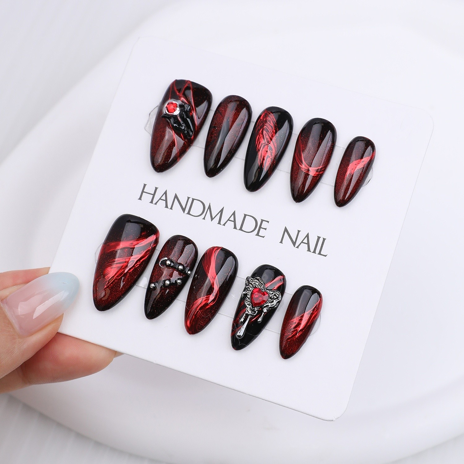 Press On Nails Medium Almond Black Red Cat Eye Rhinestone Gothic Halloween Nails