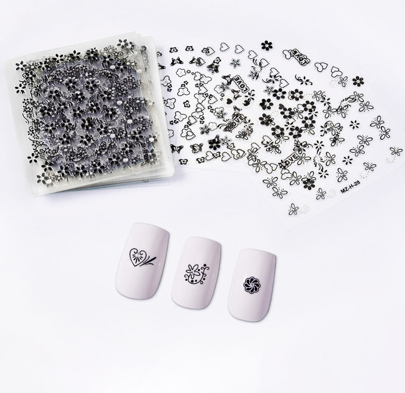 10Sheets Nail Art Sticker Decal Blac White Daisy Flower Lace Slider Manicure NH9