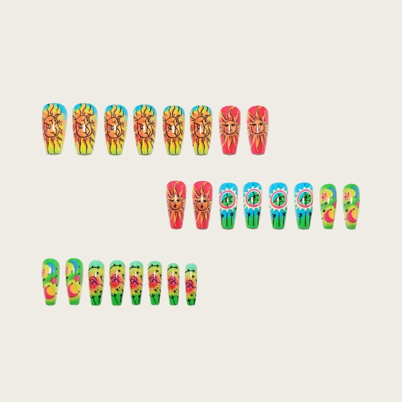 48pcs-Neon Sun & Moon Press on Nails, Coffin Shape with Psychedelic Gradient