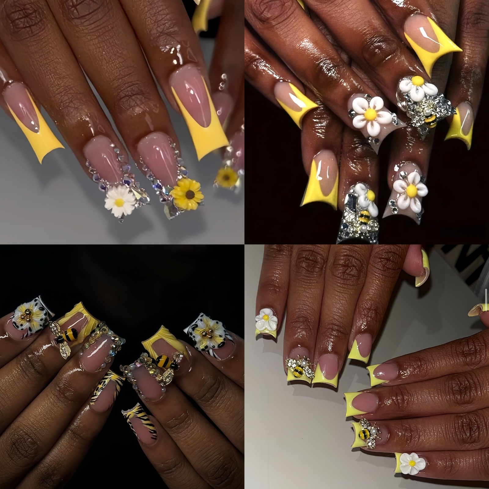 12 Grids Tiny Bee Nail Art Charms Cute Cartoon Bee Acrylic Sunflower Daisy Fl…
