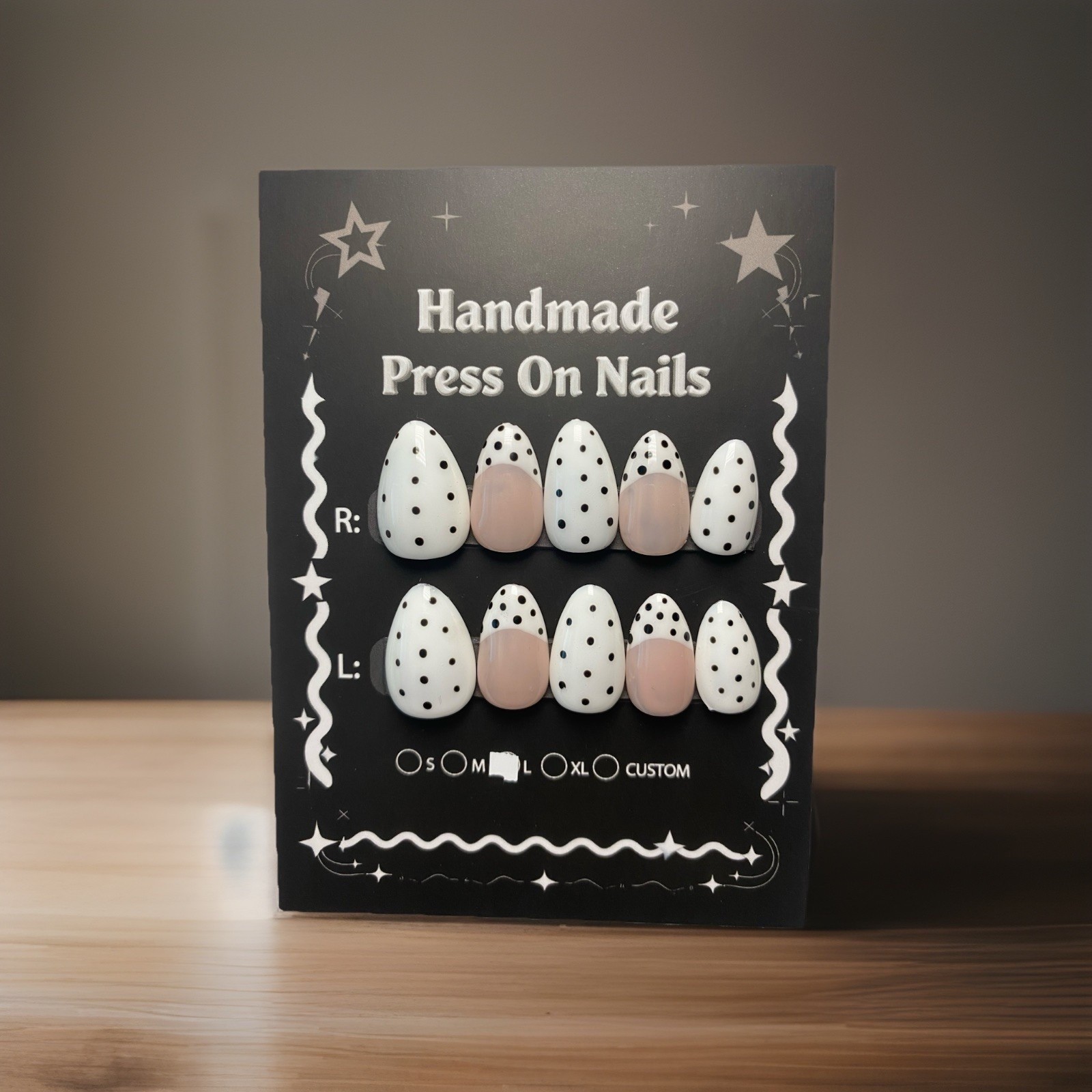 Trendy Black & White Polka Dot French Tip Press On Handpainted Almond Nail Set