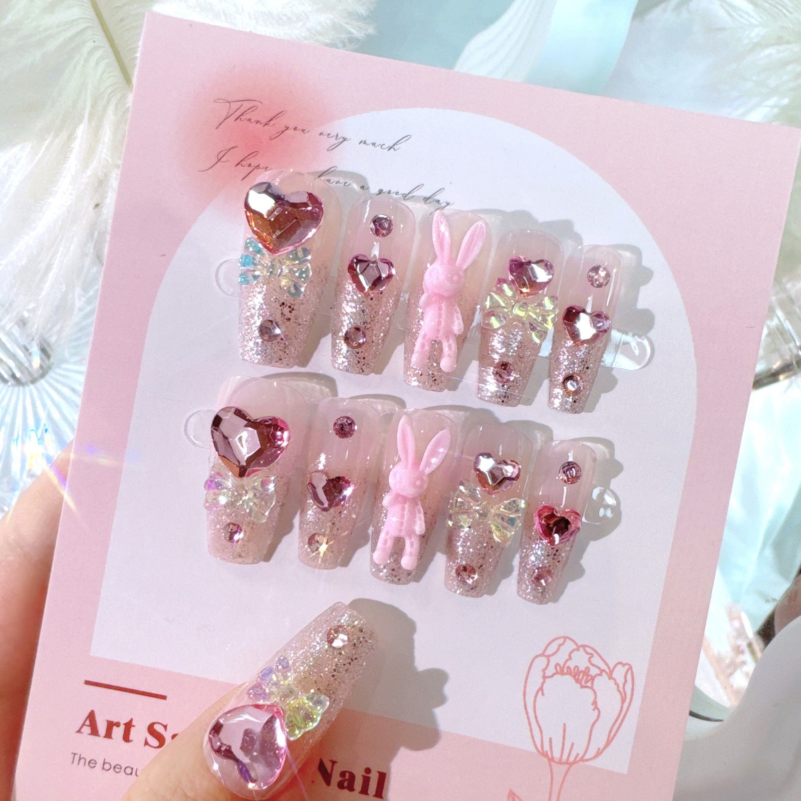 24pcs Pink Press On Nails Long Coffin French Tip Acrylic Fake Nails Heart Bunny