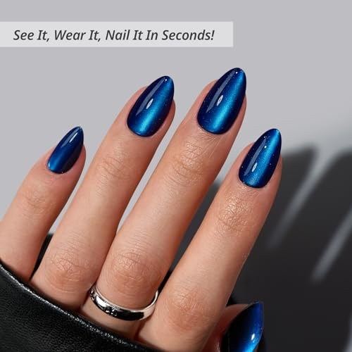 Almond – Deep Blue Cat Eye Short Press On Nails Forstbite Spell