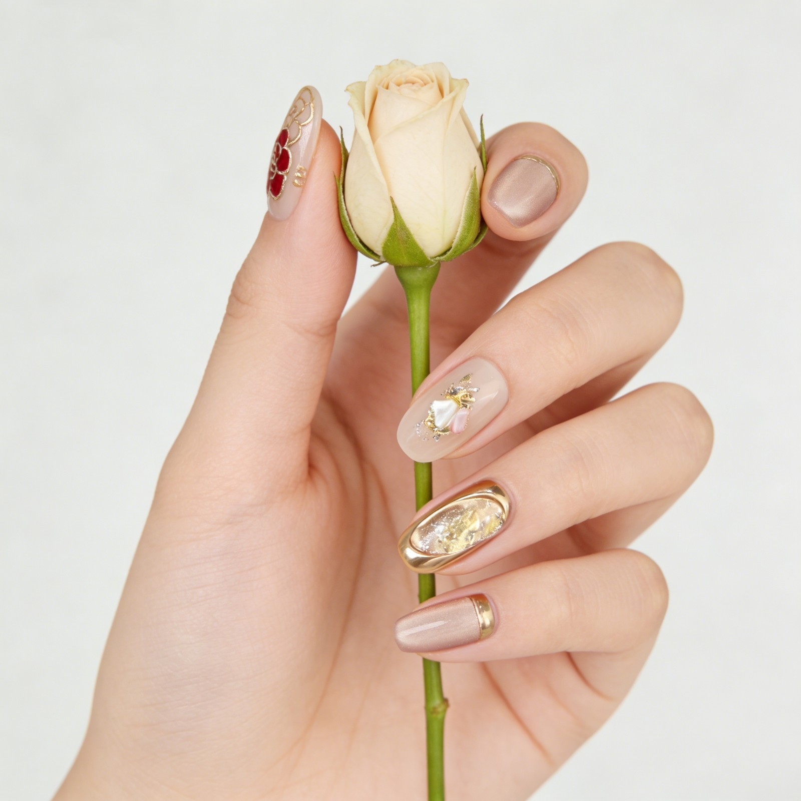 Nude Pink Floral Press On Nails Oval Gold Foil Handmade Elegant Set Gift For Her