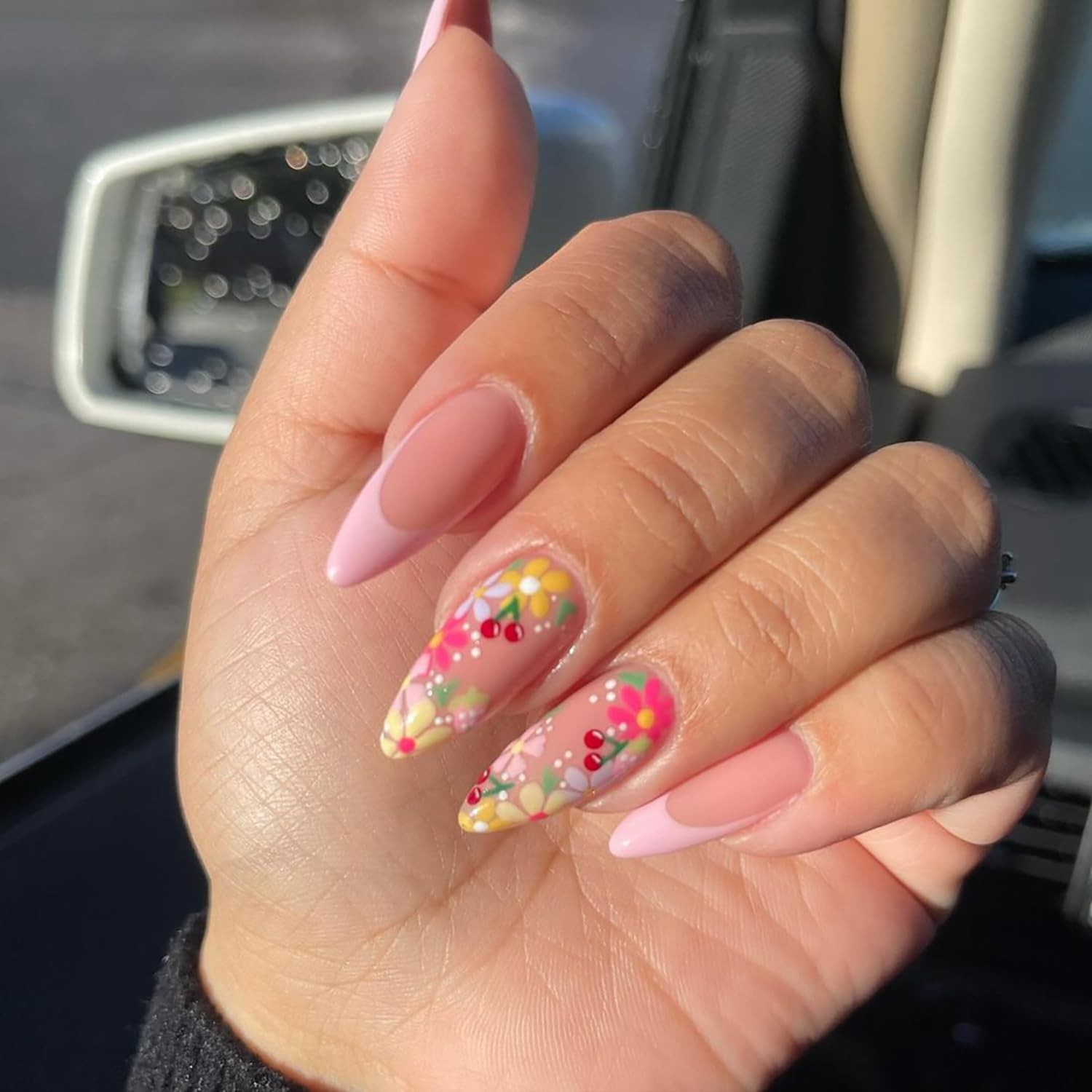 24 Pcs French Tip Press On Nails – Almond Shape, Medium Length, Pink & Colorf…